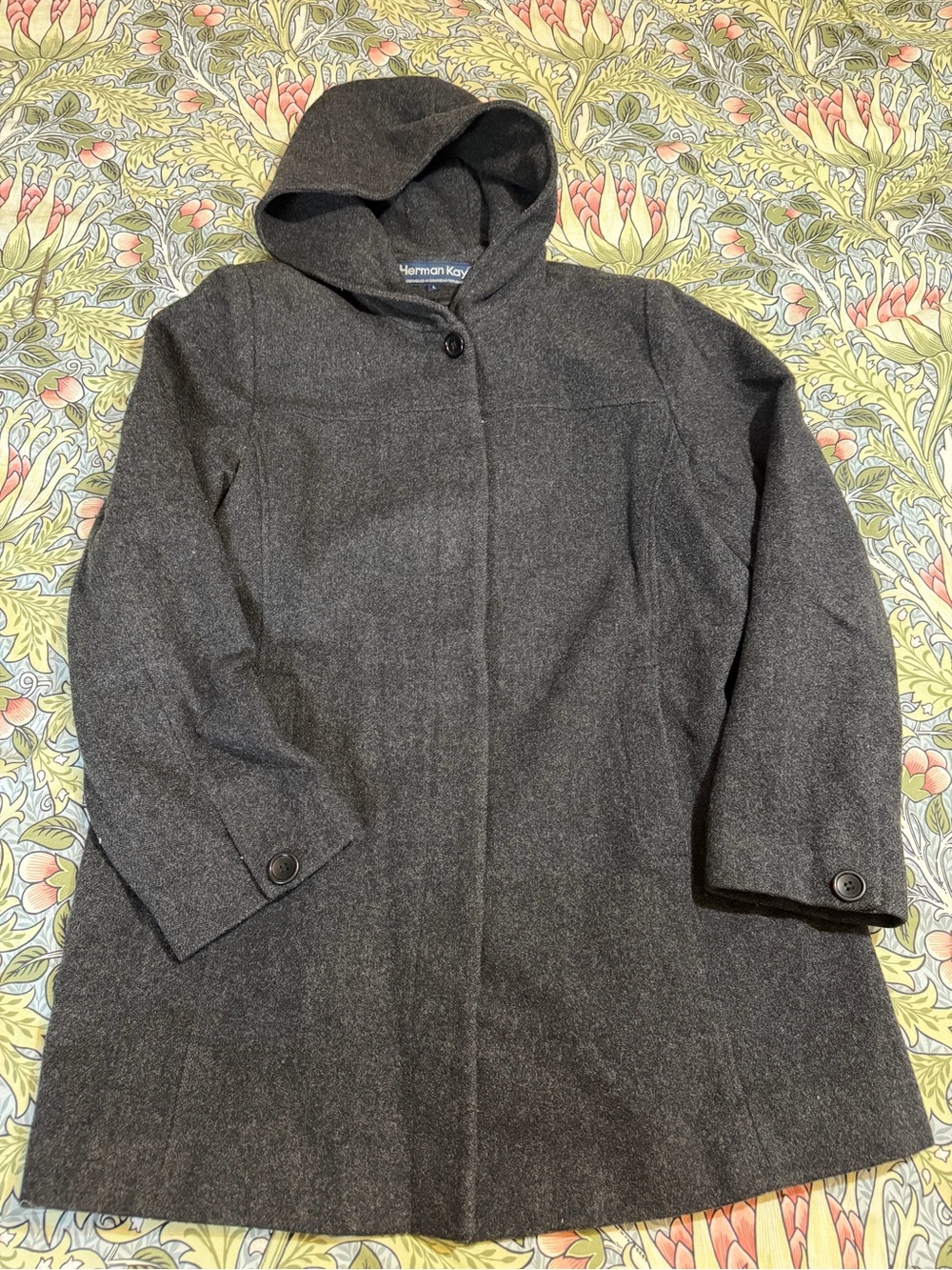 Herman Kay Men’s  Hooded Wool Blend Coat Mid-Lenght— Charcoal Gray. Size L/G